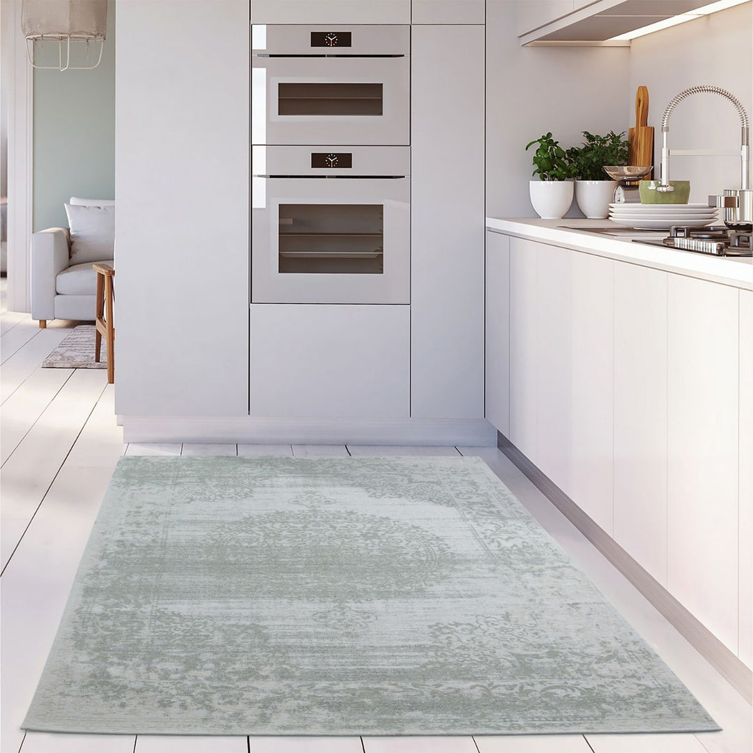 Machine Washable Flatweave Rug Medallion in Green 
