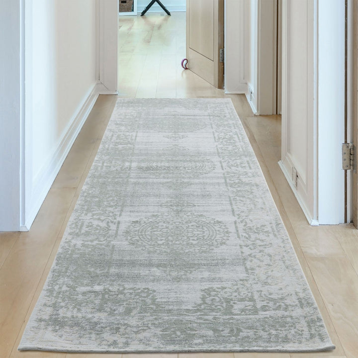 Machine Washable Flatweave Rug Medallion in Green 