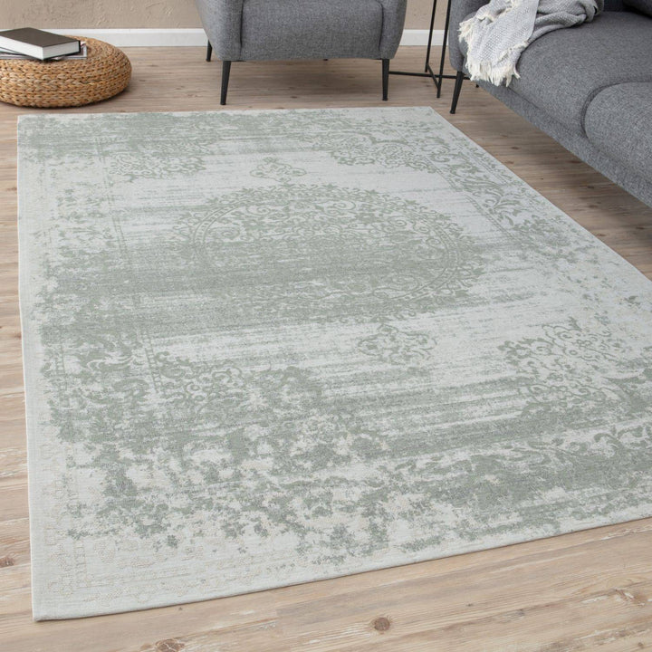 Machine Washable Flatweave Rug Medallion in Green 