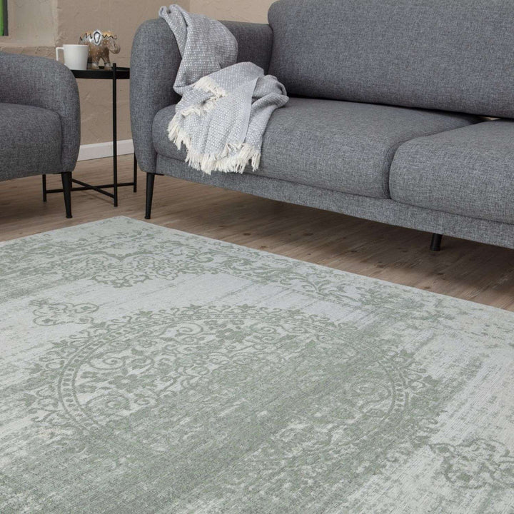  Machine Washable Flatweave Rug Medallion in Green 