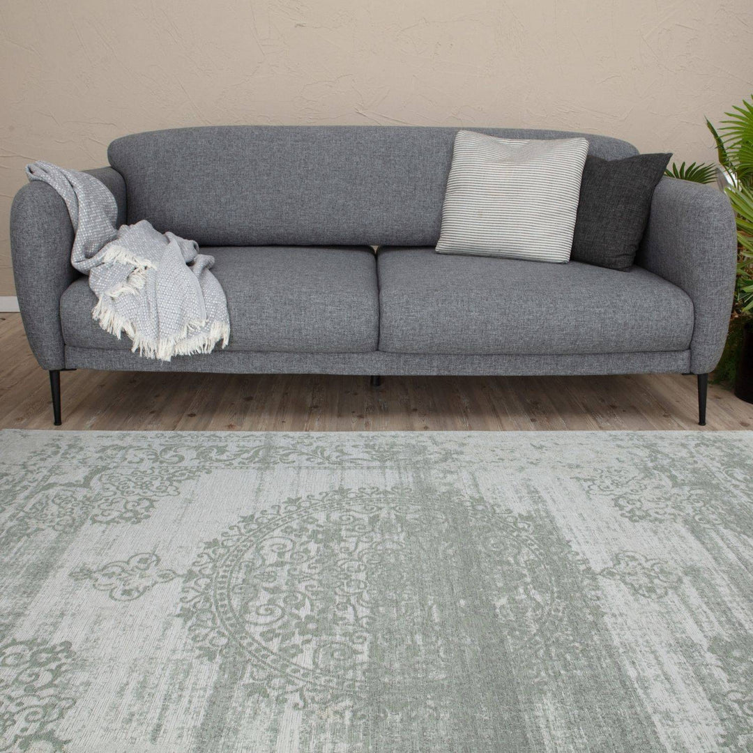  Machine Washable Flatweave Rug Medallion in Green 