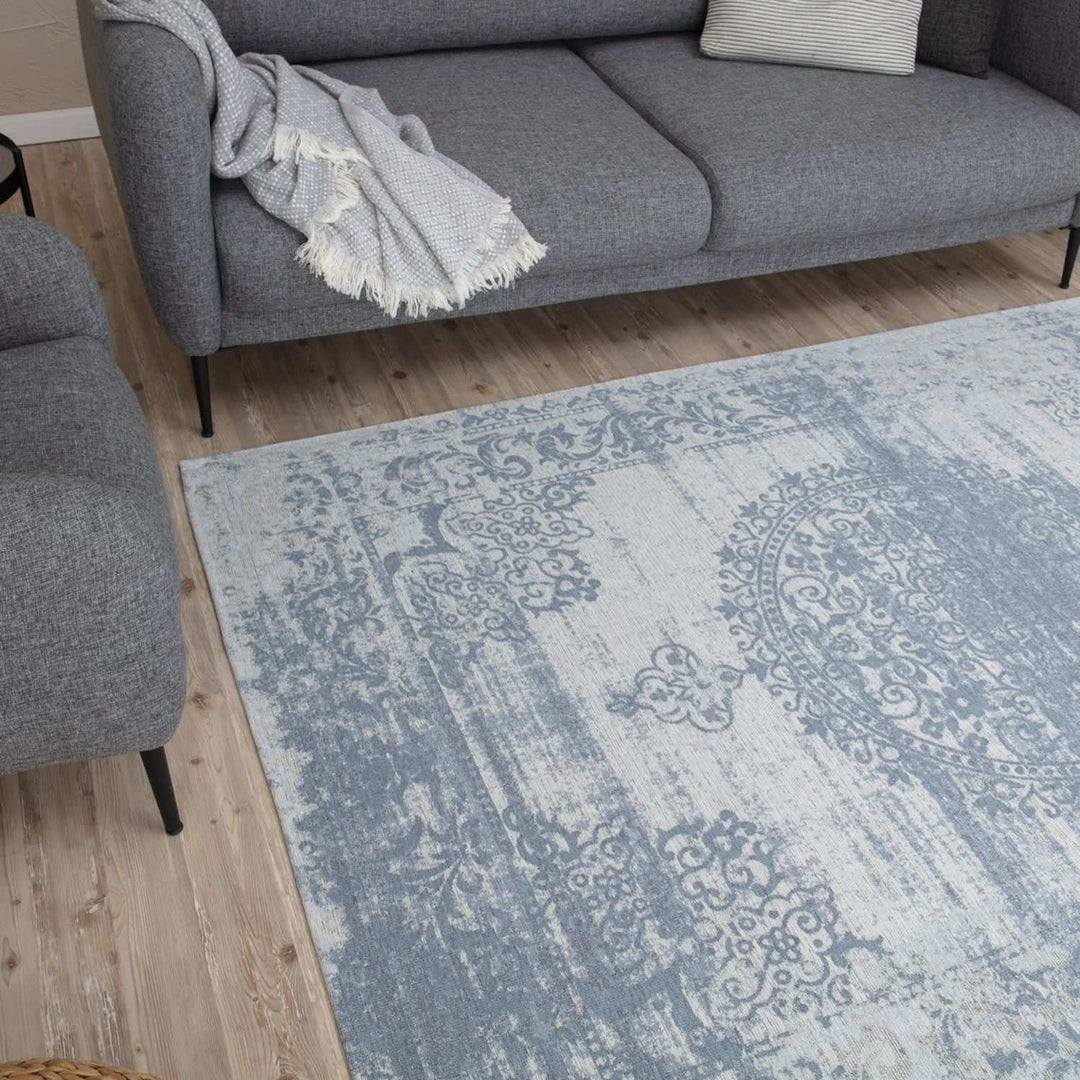 Machine Washable Flatweave Rug Medallion in Blue
