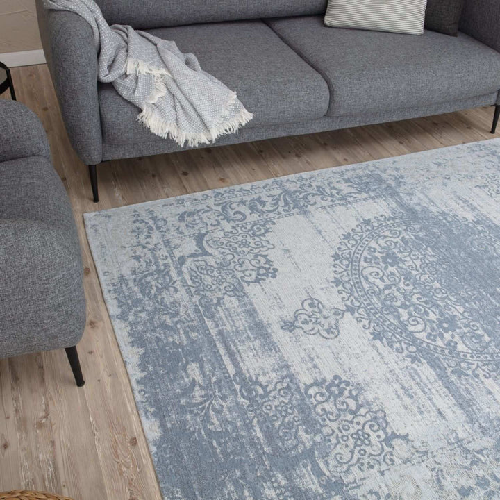 Machine Washable Flatweave Rug Medallion in Blue