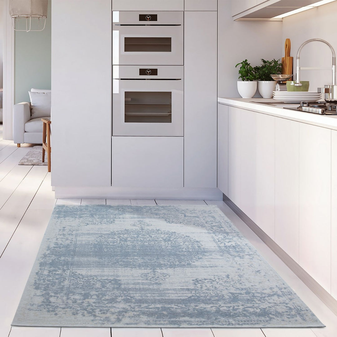 Machine Washable Flatweave Rug Medallion in Blue