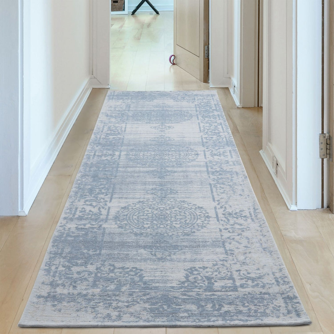 Machine Washable Flatweave Rug Medallion in Blue
