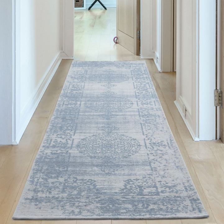 Machine Washable Flatweave Rug Medallion in Blue