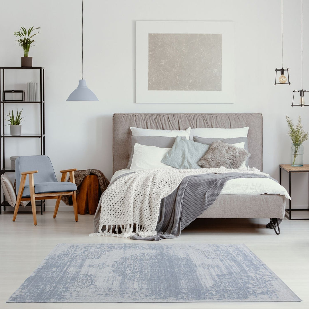 Machine Washable Flatweave Rug Medallion in Blue