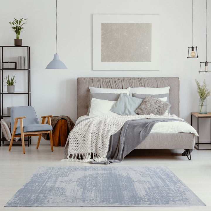 Machine Washable Flatweave Rug Medallion in Blue