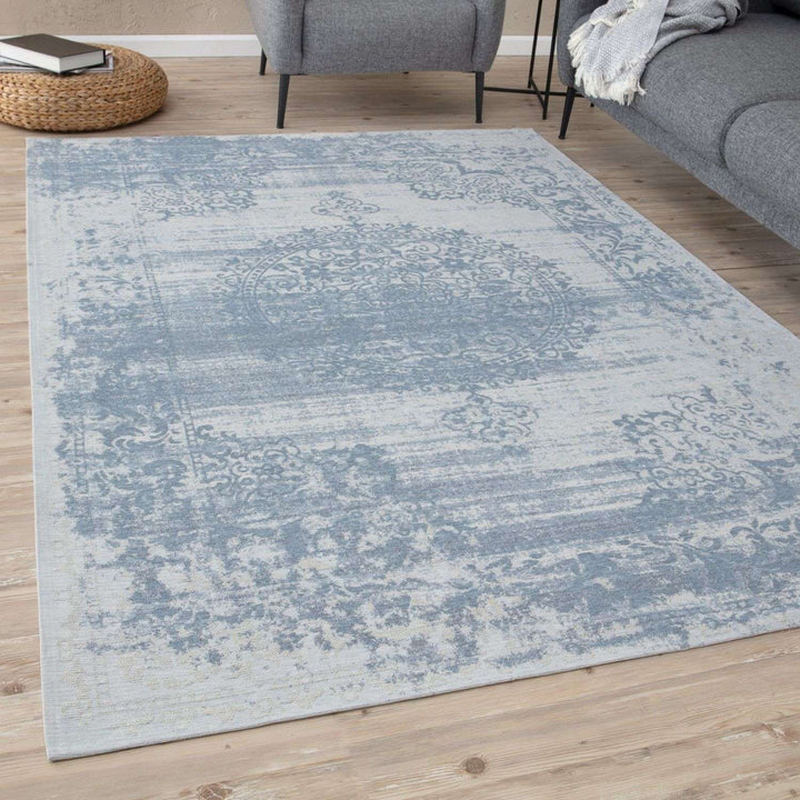 Machine Washable Flatweave Rug Medallion in Blue
