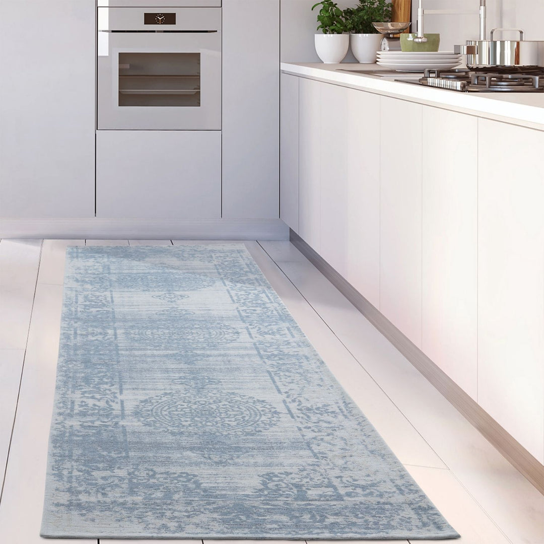Machine Washable Flatweave Rug Medallion in Blue
