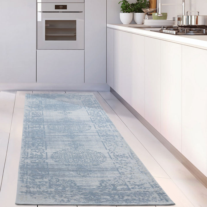 Machine Washable Flatweave Rug Medallion in Blue