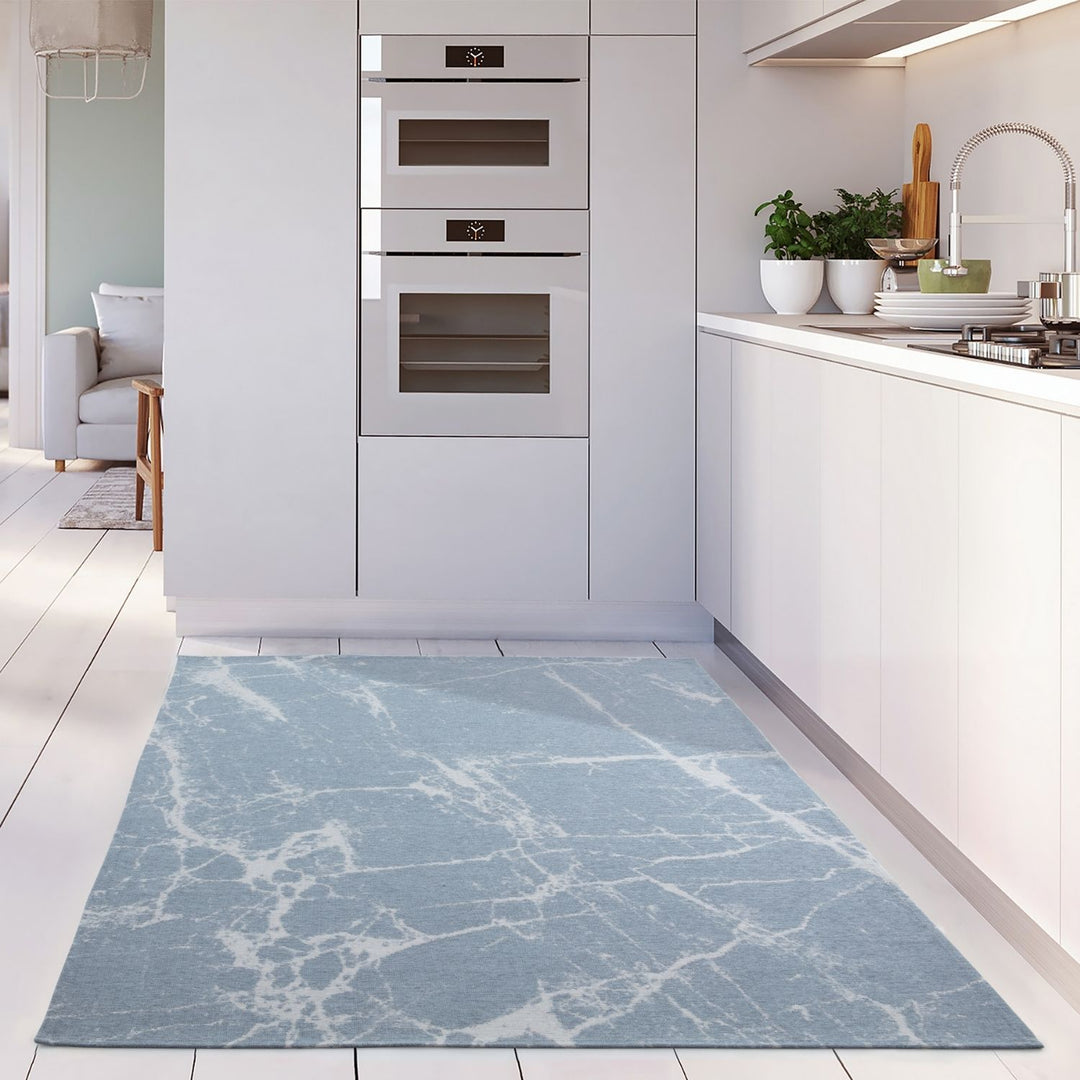 Machine Washable Flatweave Rug Abstract Blue