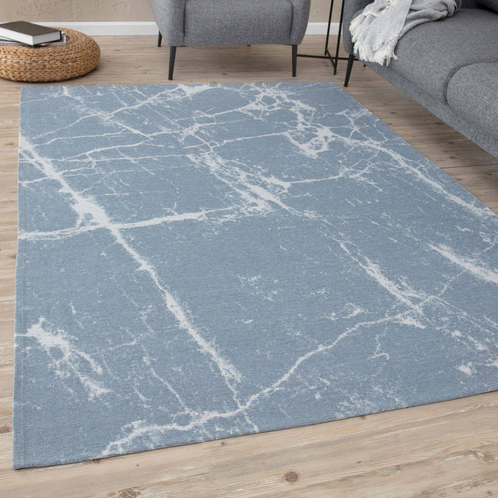 Machine Washable Flatweave Rug Abstract Blue