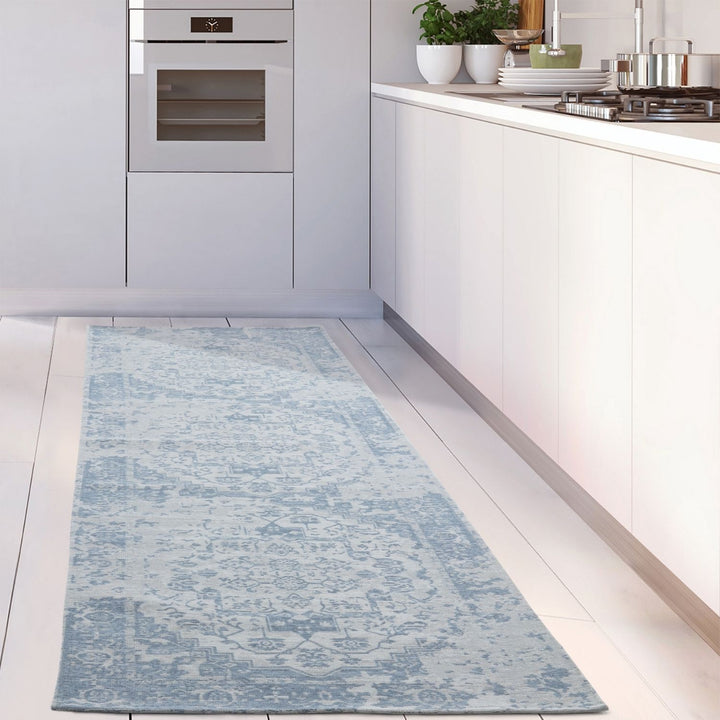 Machine Washable Flatweave Rug Oriental in Blue
