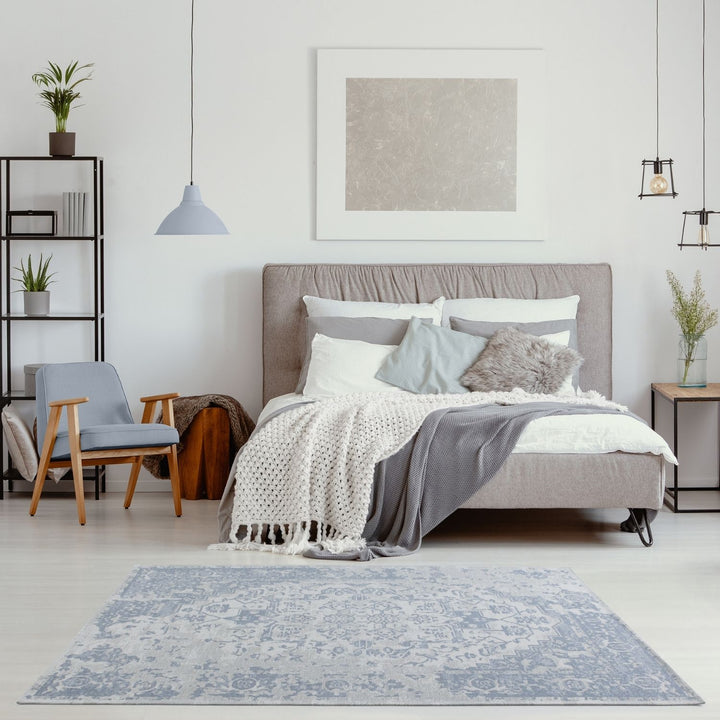 Machine Washable Flatweave Rug Oriental in Blue