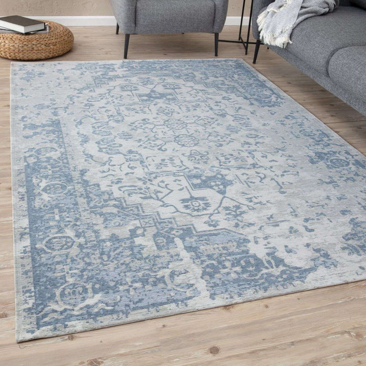 Machine Washable Flatweave Rug Oriental in Blue