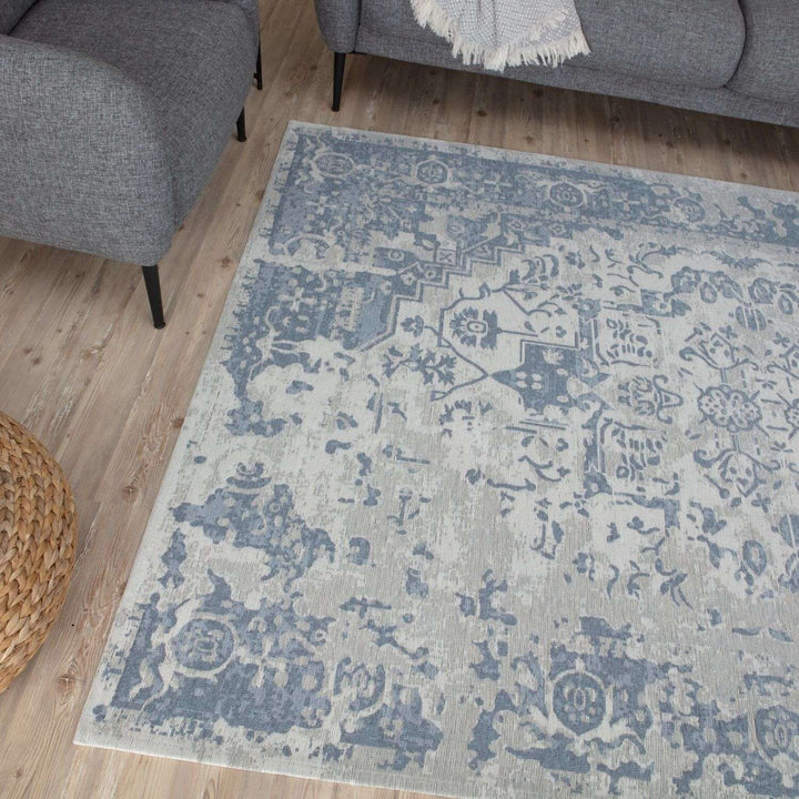 Machine Washable Flatweave Rug Oriental in Blue