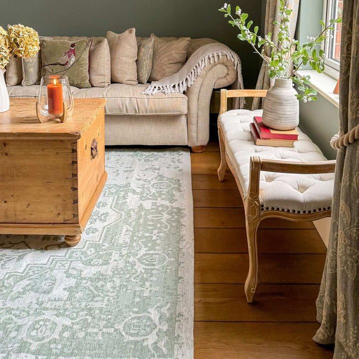 Machine Washable Flatweave Rug Oriental in Green