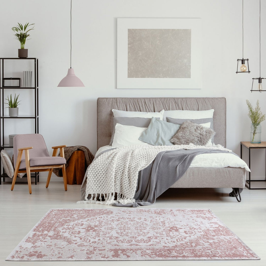 Machine Washable Flatweave Rug Oriental in Pink