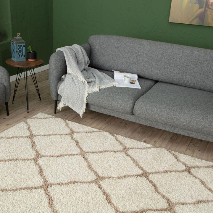 Moroccan Design Thick Shaggy Area Rugs Ivory Beige