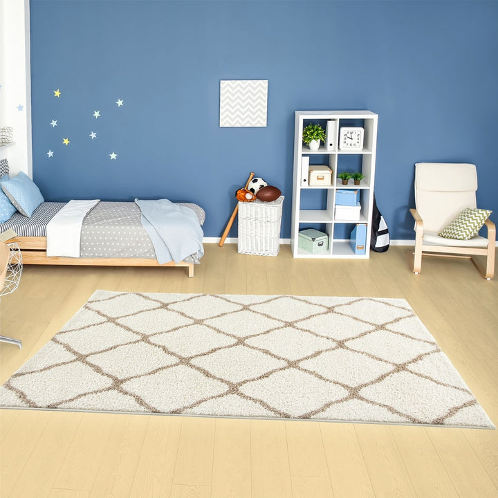 Moroccan Design Thick Shaggy Area Rugs Ivory Beige