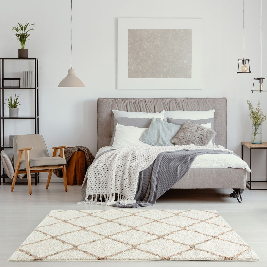 Moroccan Design Thick Shaggy Area Rugs Ivory Beige