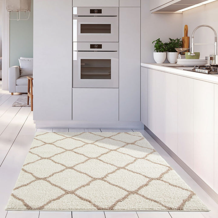 Moroccan Design Thick Shaggy Area Rugs Ivory Beige