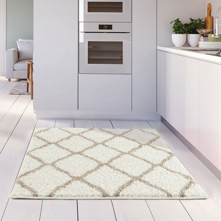 Moroccan Design Thick Shaggy Area Rugs Ivory Beige