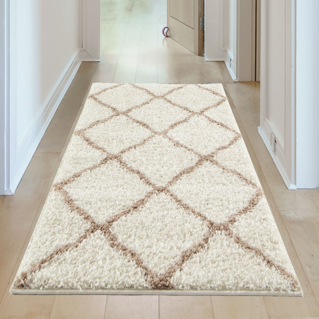 Moroccan Design Thick Shaggy Area Rugs Ivory Beige