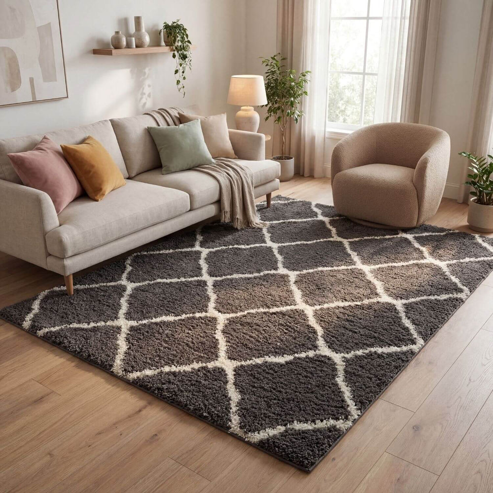 Living room with a patterned rug, sofa, and armchair.