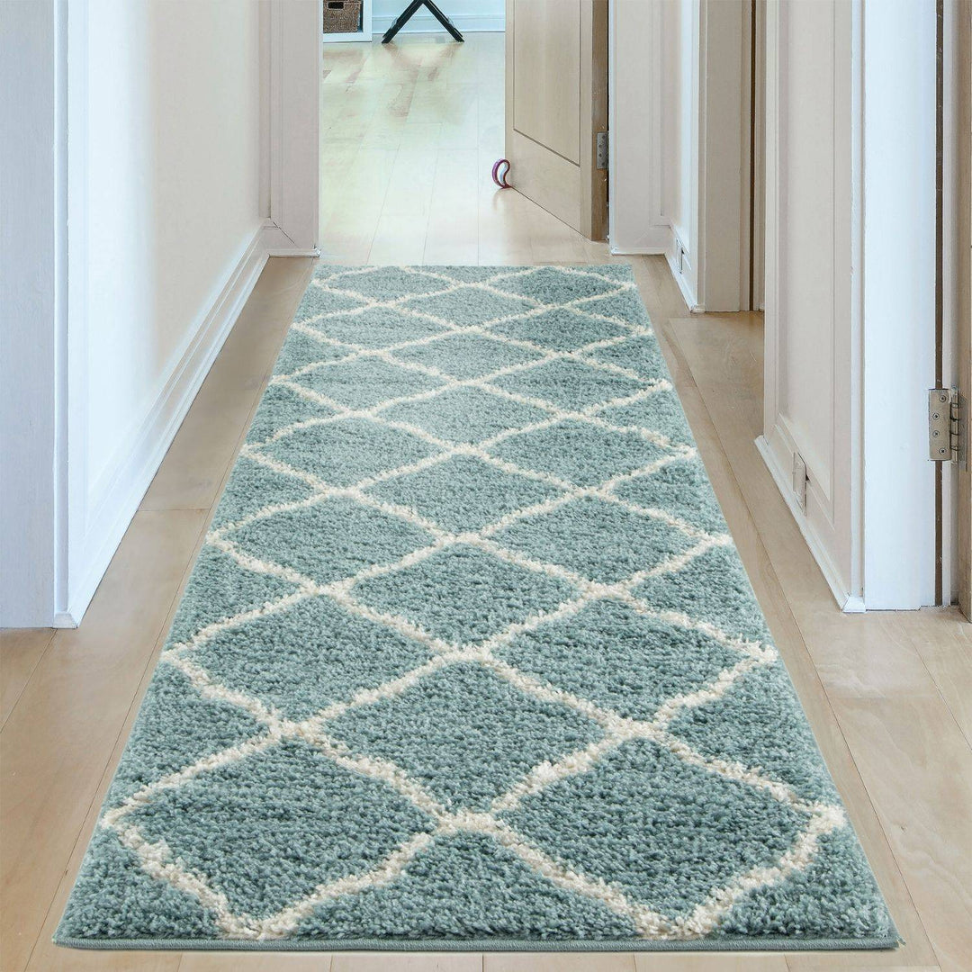 Moroccan Design Thick Shaggy Area Rugs Duck Egg Blue