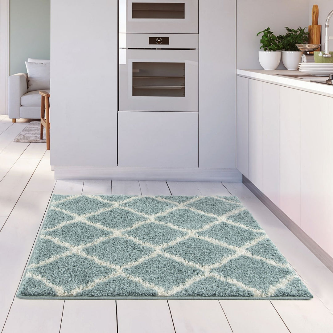 Moroccan Design Thick Shaggy Area Rugs Duck Egg Blue