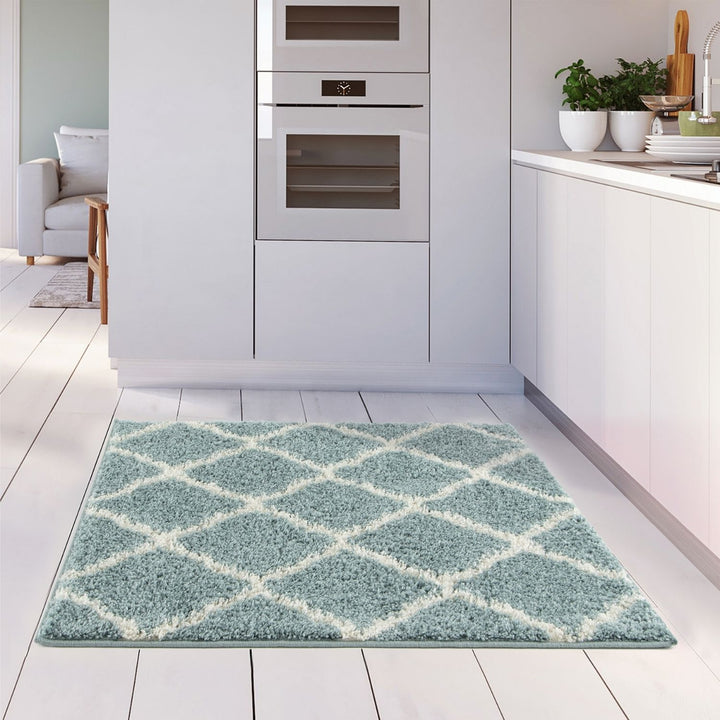 Moroccan Design Thick Shaggy Area Rugs Duck Egg Blue
