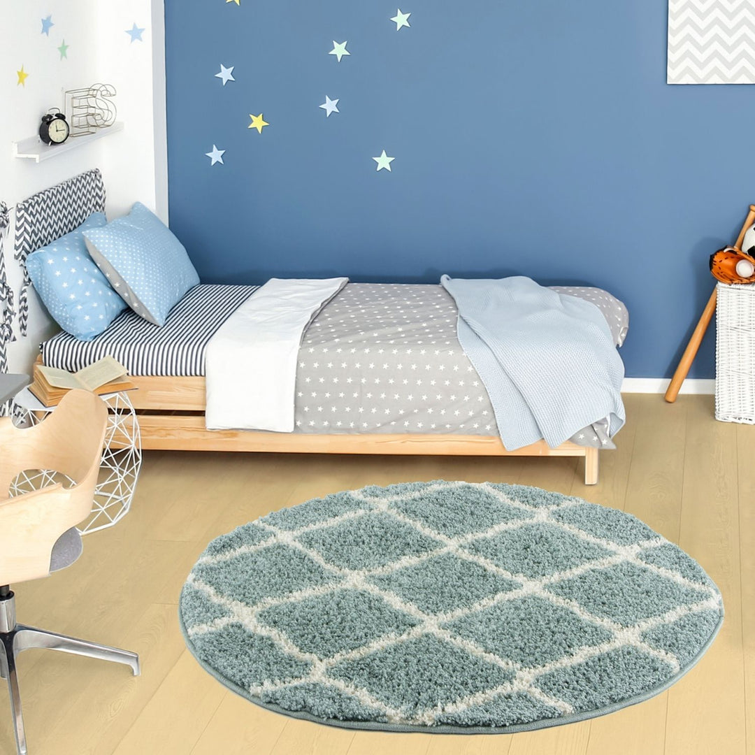 Moroccan Design Thick Shaggy Area Rugs Duck Egg Blue