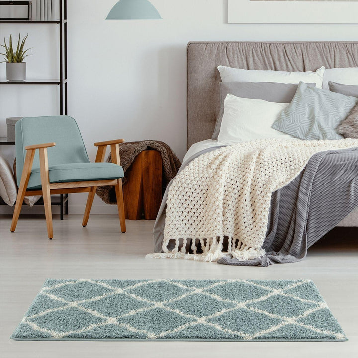 Moroccan Design Thick Shaggy Area Rugs Duck Egg Blue