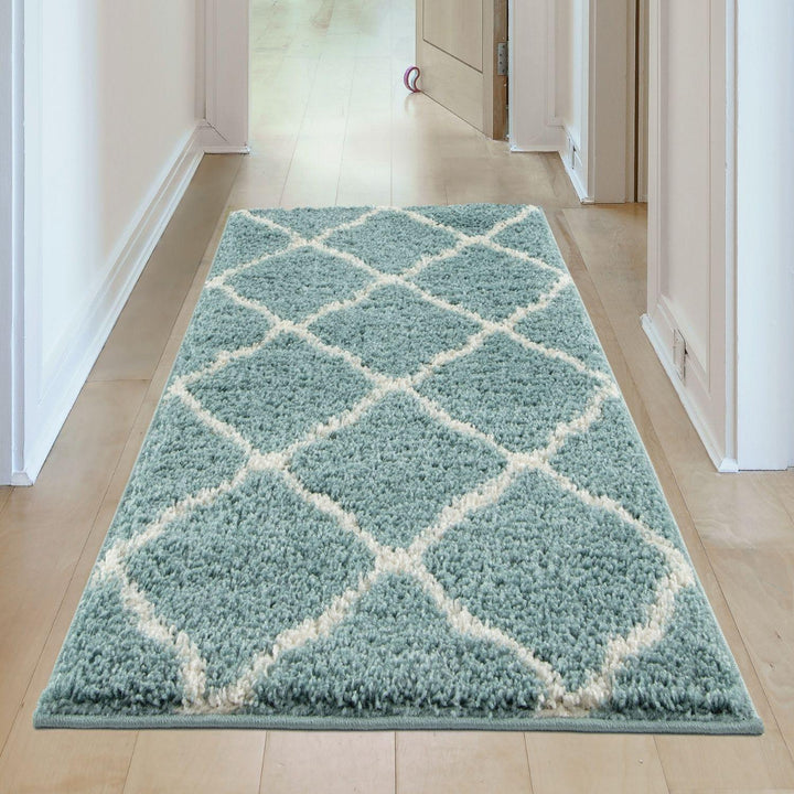 Moroccan Design Thick Shaggy Area Rugs Duck Egg Blue