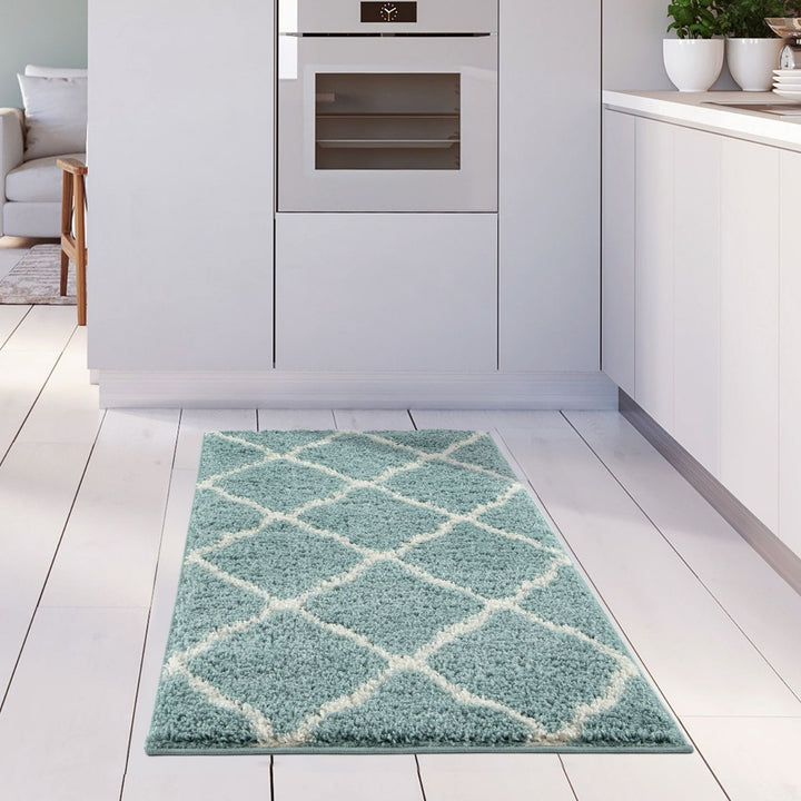 Moroccan Design Thick Shaggy Area Rugs Duck Egg Blue