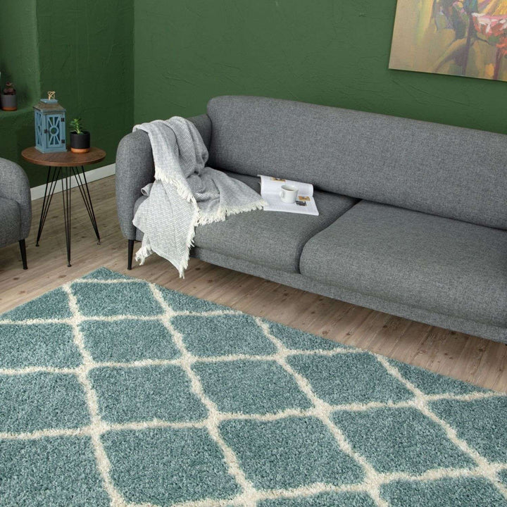 Moroccan Design Thick Shaggy Area Rugs Duck Egg Blue