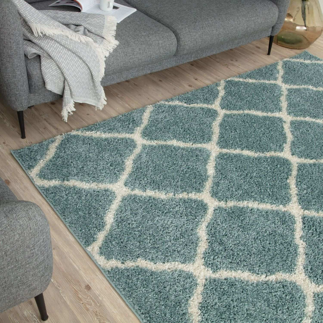 Moroccan Design Thick Shaggy Area Rugs Duck Egg Blue
