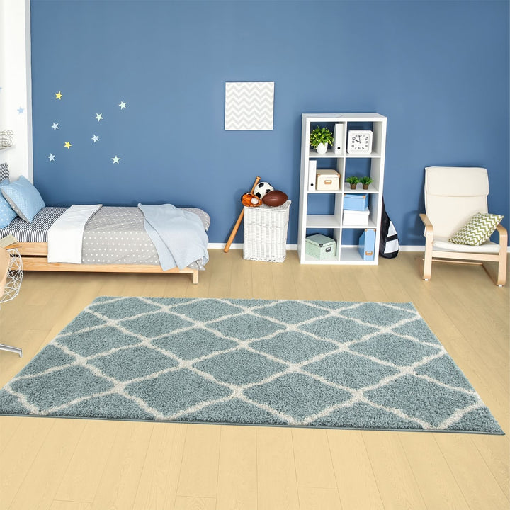 Moroccan Design Thick Shaggy Area Rugs Duck Egg Blue