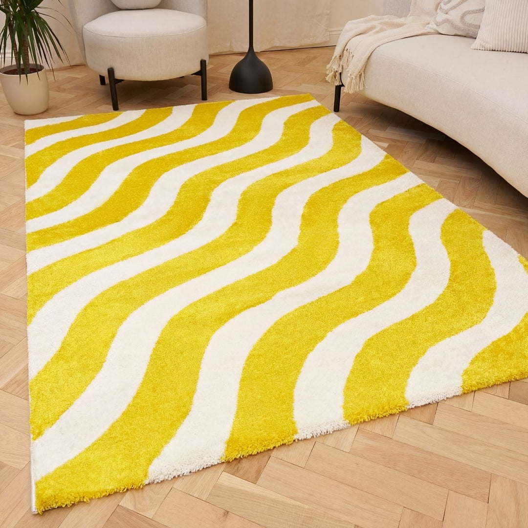 Patterned fabric with wavy yellow and white lines