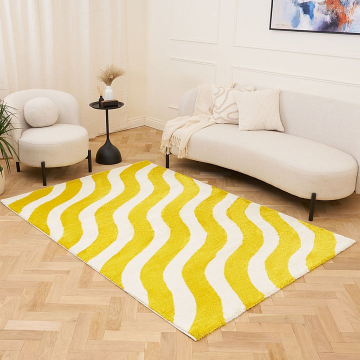 Patterned fabric with wavy yellow and white lines