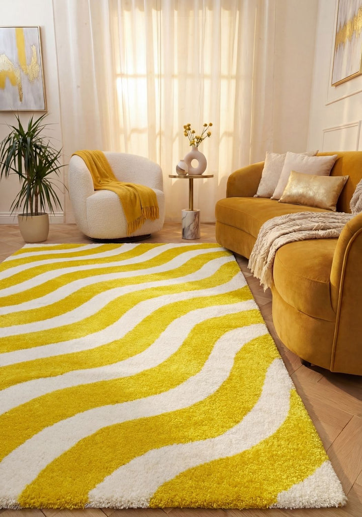 Patterned fabric with wavy yellow and white lines