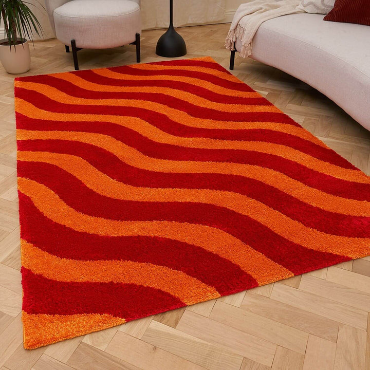 Red and orange wavy patterned rug