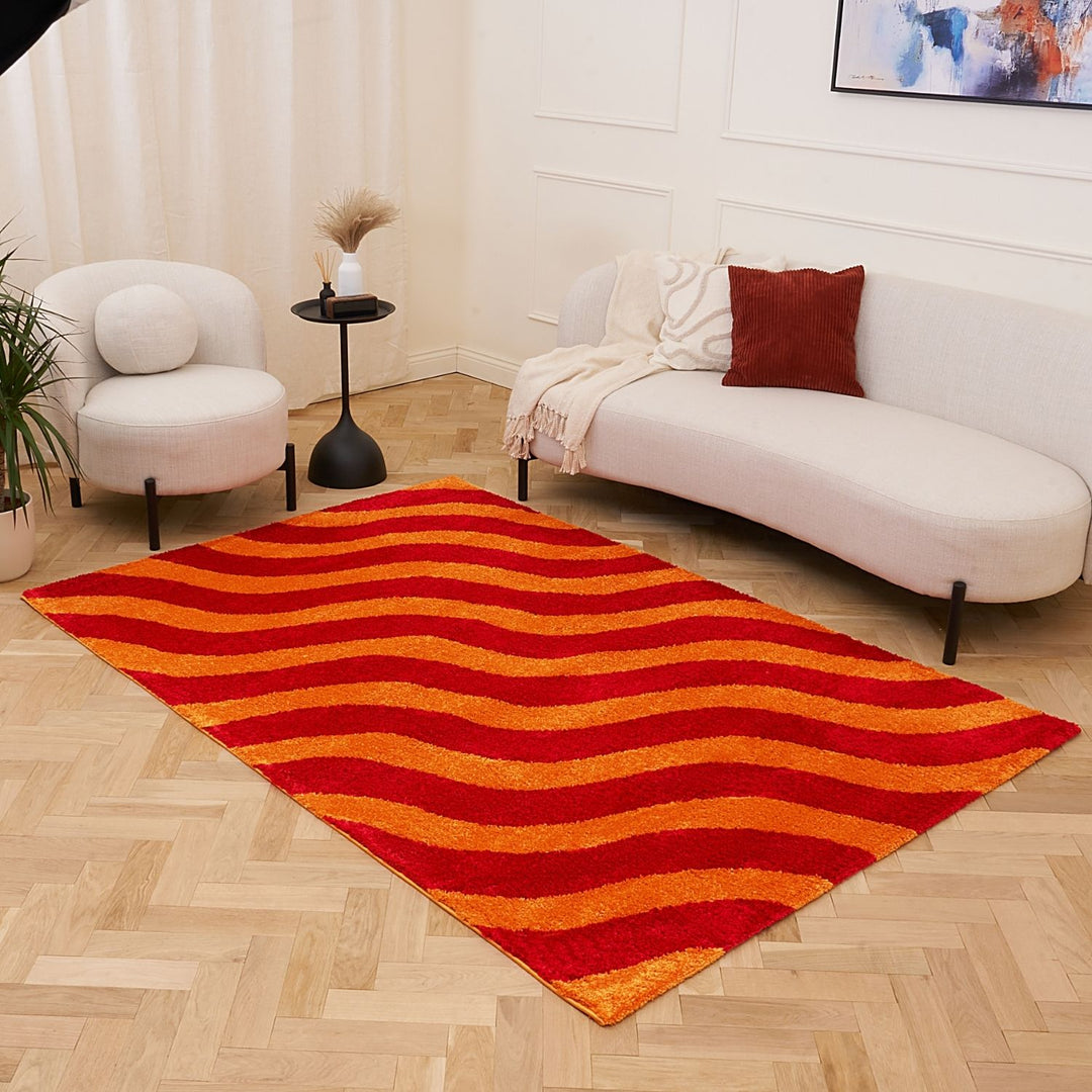 Red and orange wavy patterned rug