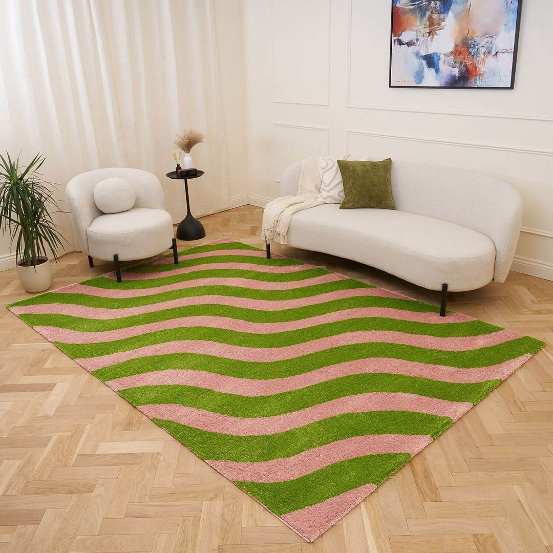 Wavy patterned fabric with green and pink wavy lines