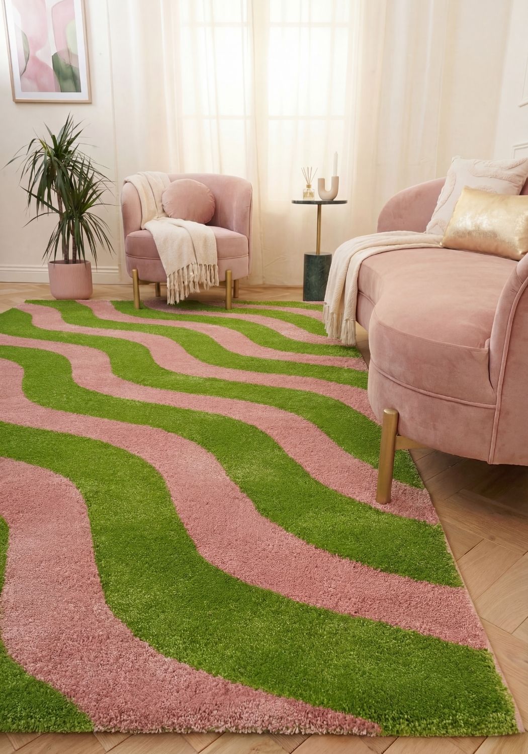 Wavy patterned fabric with green and pink wavy lines