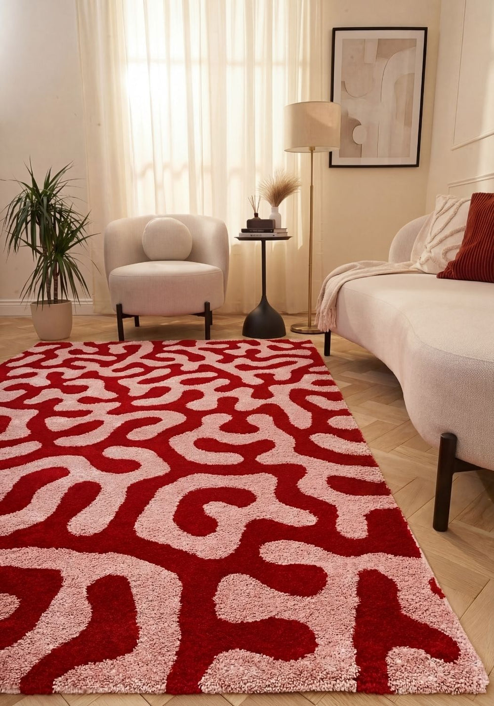 Joli Abstract Red & Pink Plush Pile Rug