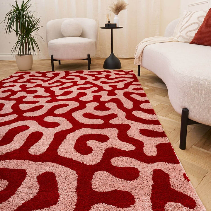 Joli Abstract Red & Pink Plush Pile Rug