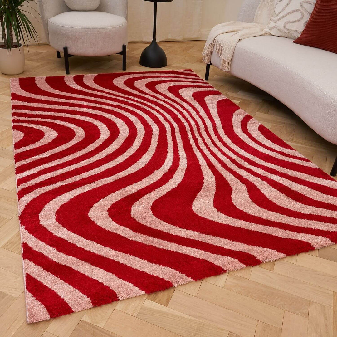 Red and beige wavy patterned rug